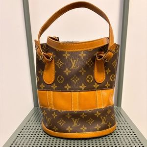 Louis Vuitton - Bucket Bag - Brown Monogram - Tan Leather Stripe Vintage
